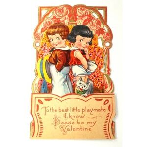 Antique Pull Down 3D Valentine Best Little Playmate I Know Die Cut c1910
